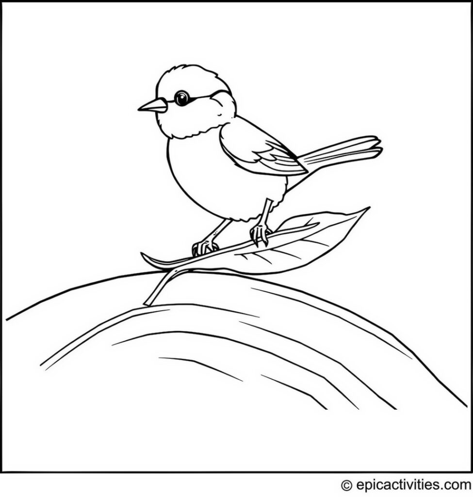 Coloring page of a Cute Chickadee Skateboarding on a Leaf