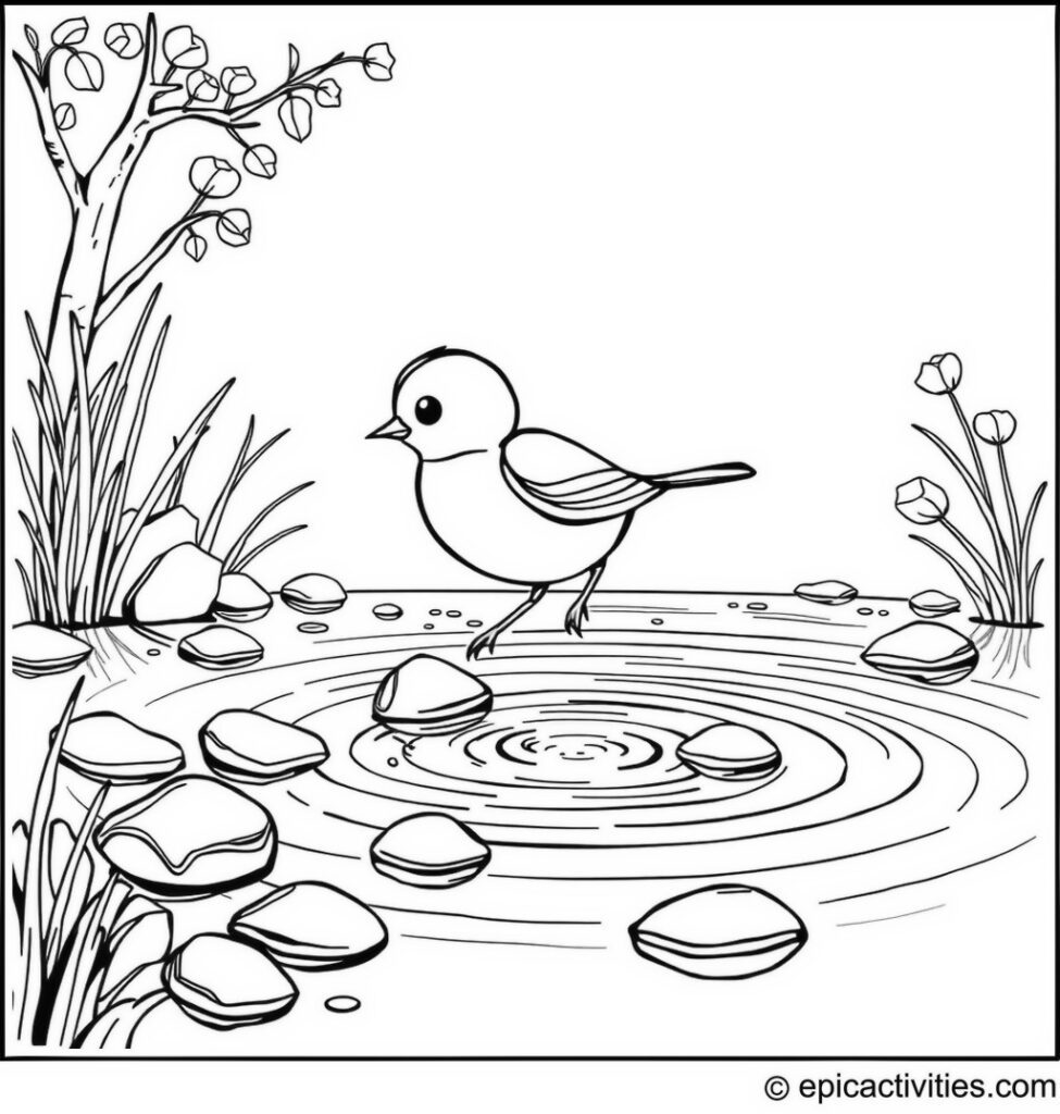 Coloring page of a Cute Chickadee Skipping Pebbles Across a Pond