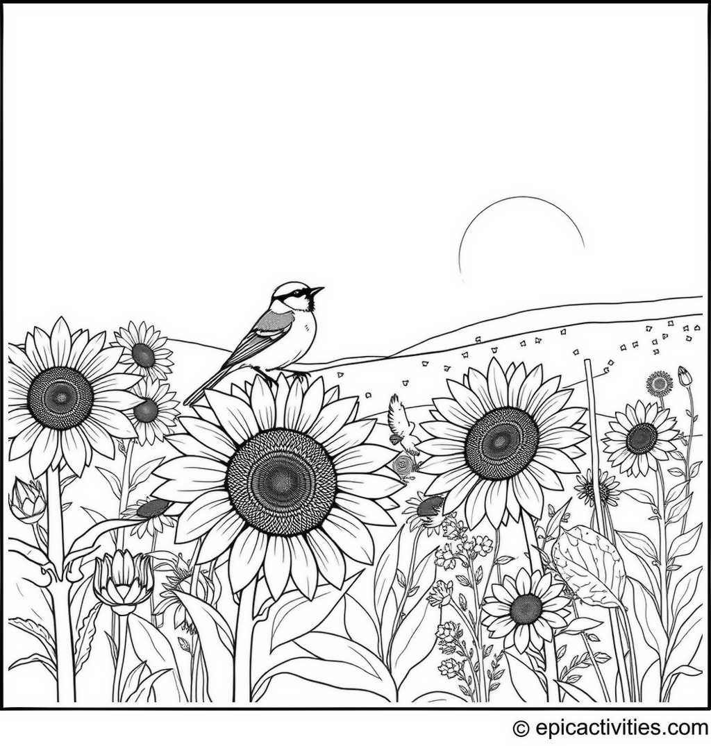 Coloring page of a cute chickadee standing on a giant sunflower in a sunny meadow