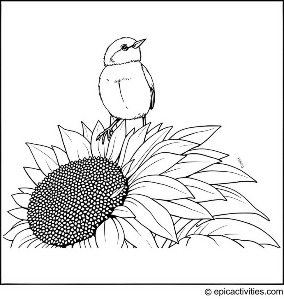 Coloring page of a cute chickadee standing on a giant sunflower