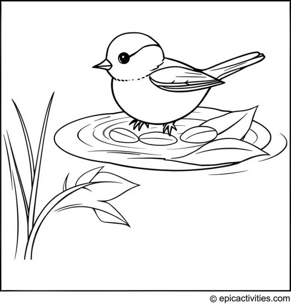 Coloring page of a Cute Chickadee Swimming in a Leaf Pool