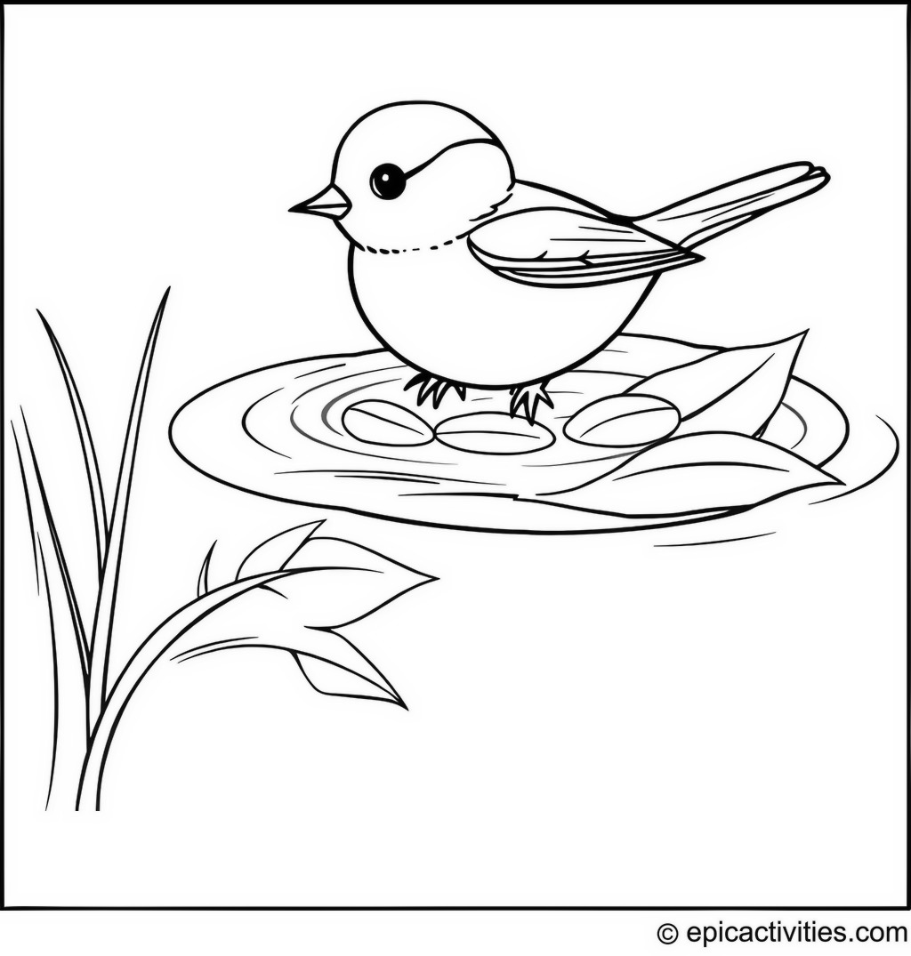 Coloring page of a Cute Chickadee Swimming in a Leaf Pool