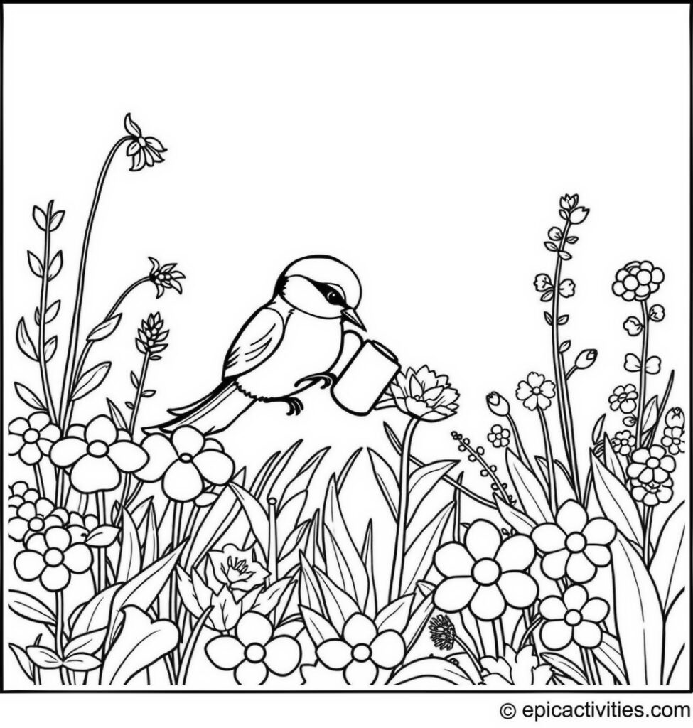 Coloring page of a cute chickadee watering a flower in a garden