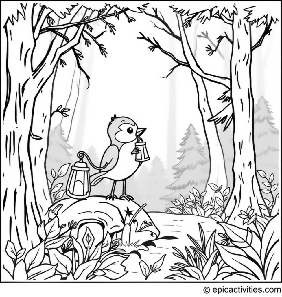 Coloring page of a cute chickadee with a lantern in a dark forest