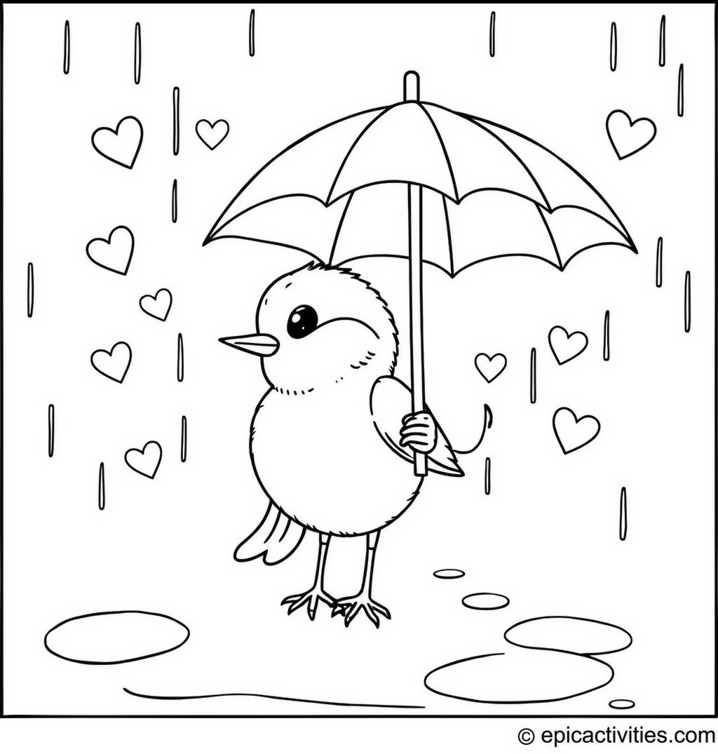 Coloring page of a Cute Chickadee with an Umbrella in Heart-Shaped Rain