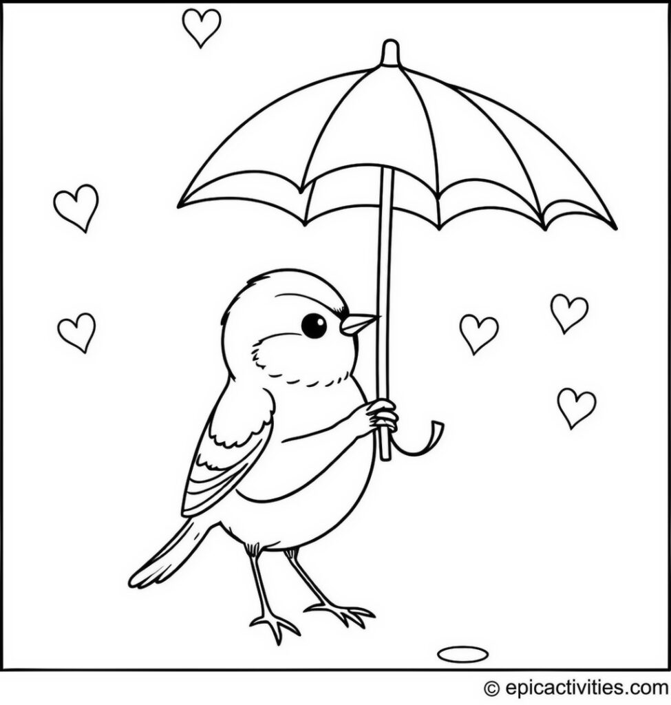 Coloring page of a cute chickadee with an umbrella in the rain