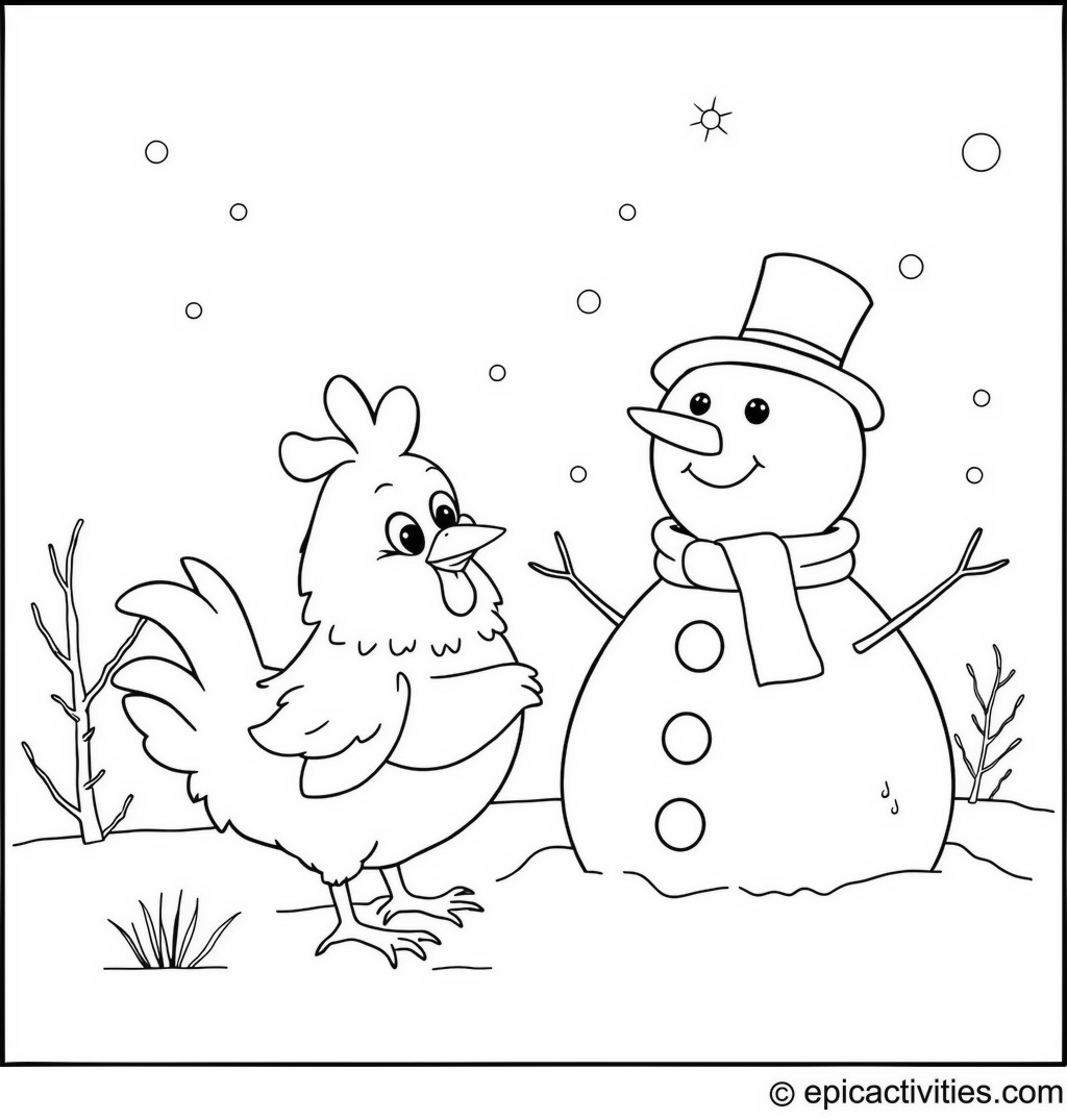 Coloring page of a Cute Chicken Building a Giant Snowman in a Snowy Blizzard