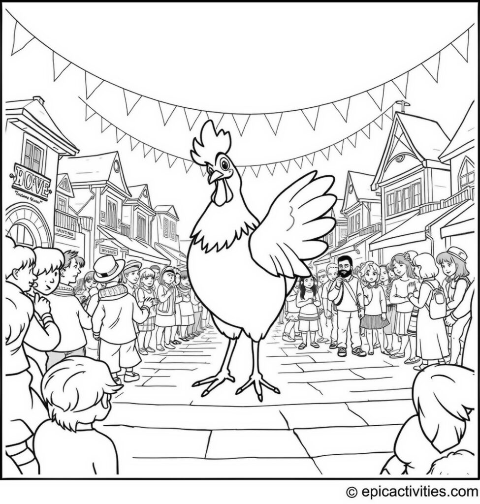 Coloring page of a Cute Chicken Dancing at a Festival