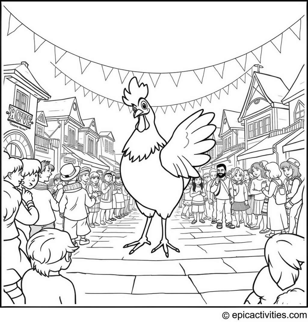 Coloring page of a Cute Chicken Dancing at a Festival