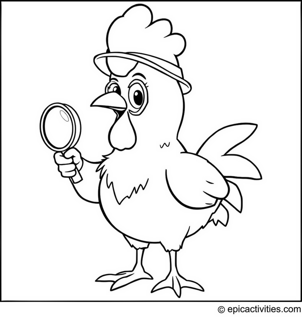 Coloring page of a Cute Chicken Detective with a Magnifying Glass and Hat