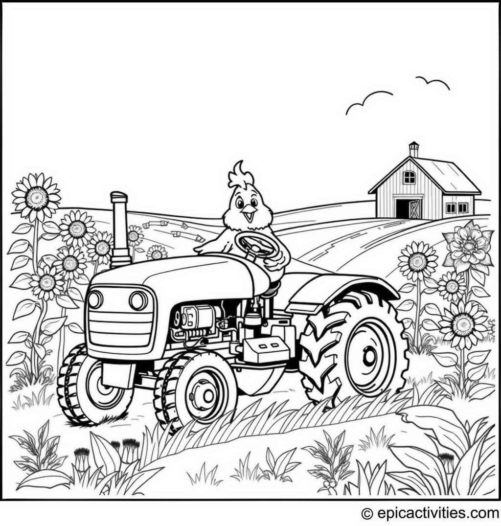 Coloring page of a cute chicken driving a tractor on a busy farm