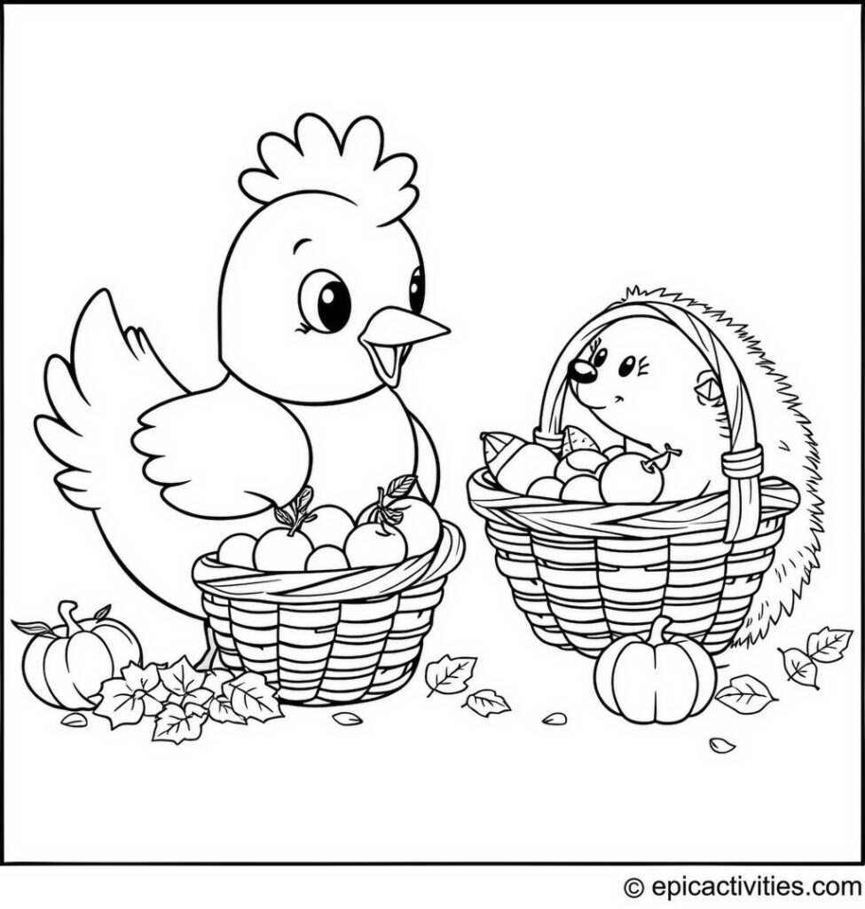 Coloring page of a Cute Chicken Helping a Hedgehog Fill an Autumn Basket with Fruits
