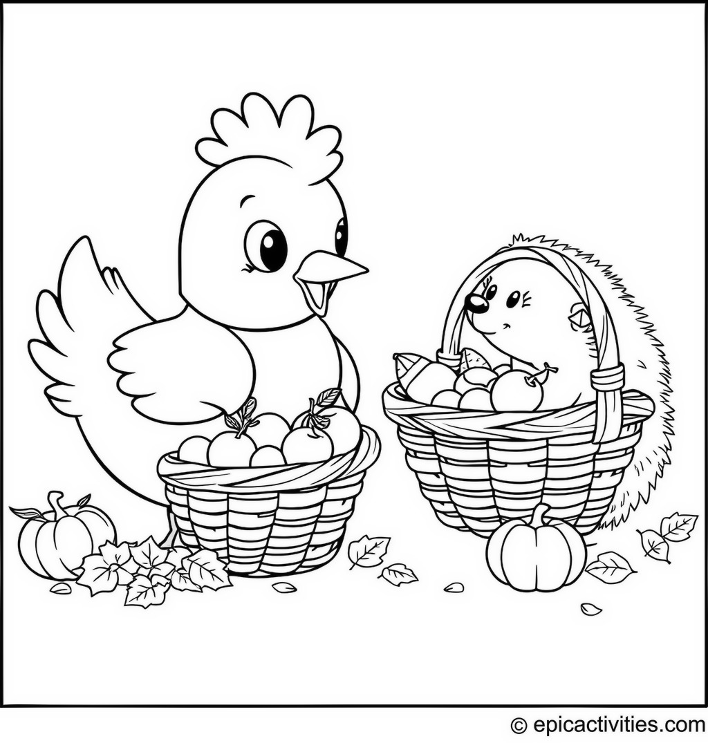 Coloring page of a Cute Chicken Helping a Hedgehog Fill an Autumn Basket with Fruits