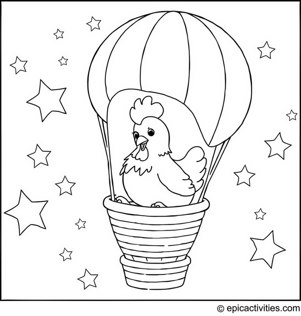 Coloring page of a Cute Chicken in a Hot Air Balloon Among the Stars