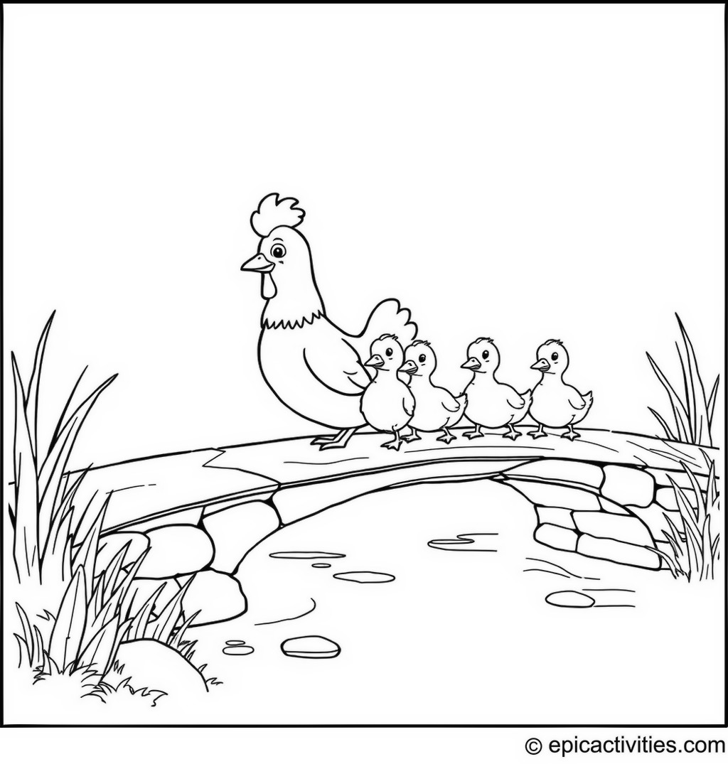 Coloring page of a Cute Chicken Leading Ducklings Parade