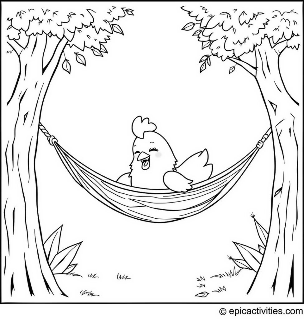 Coloring page of a Cute Chicken Napping in a Hammock