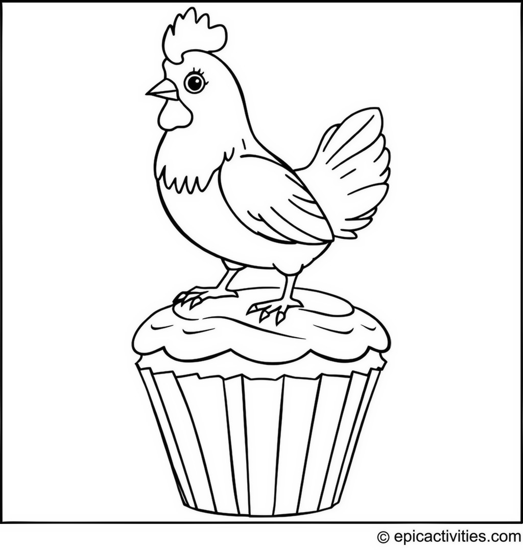 Coloring page of a cute chicken on a giant cupcake