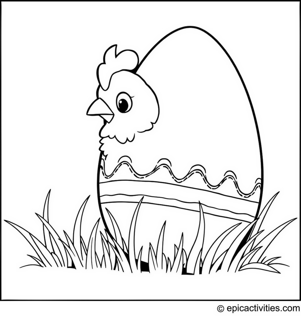 Coloring page of a cute chicken peeking out from behind a giant Easter egg