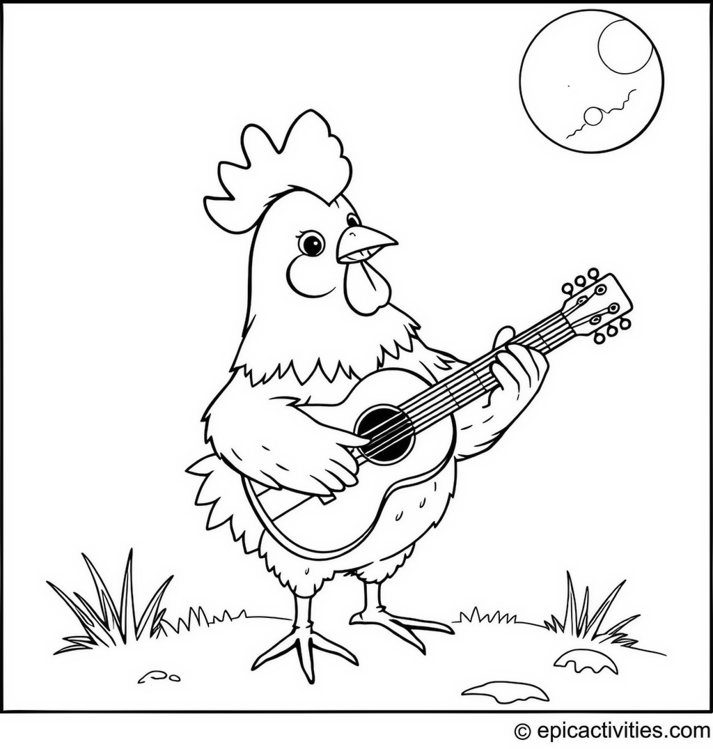 Coloring page of a Cute Chicken Playing a Tiny Guitar Serenading the Moon