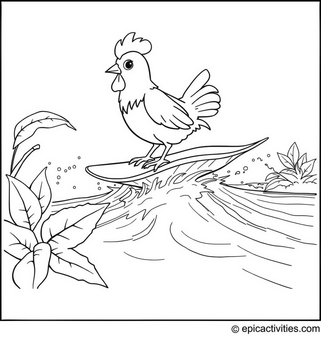 Coloring page of a cute chicken surfing on a giant leaf down a river of lemonade