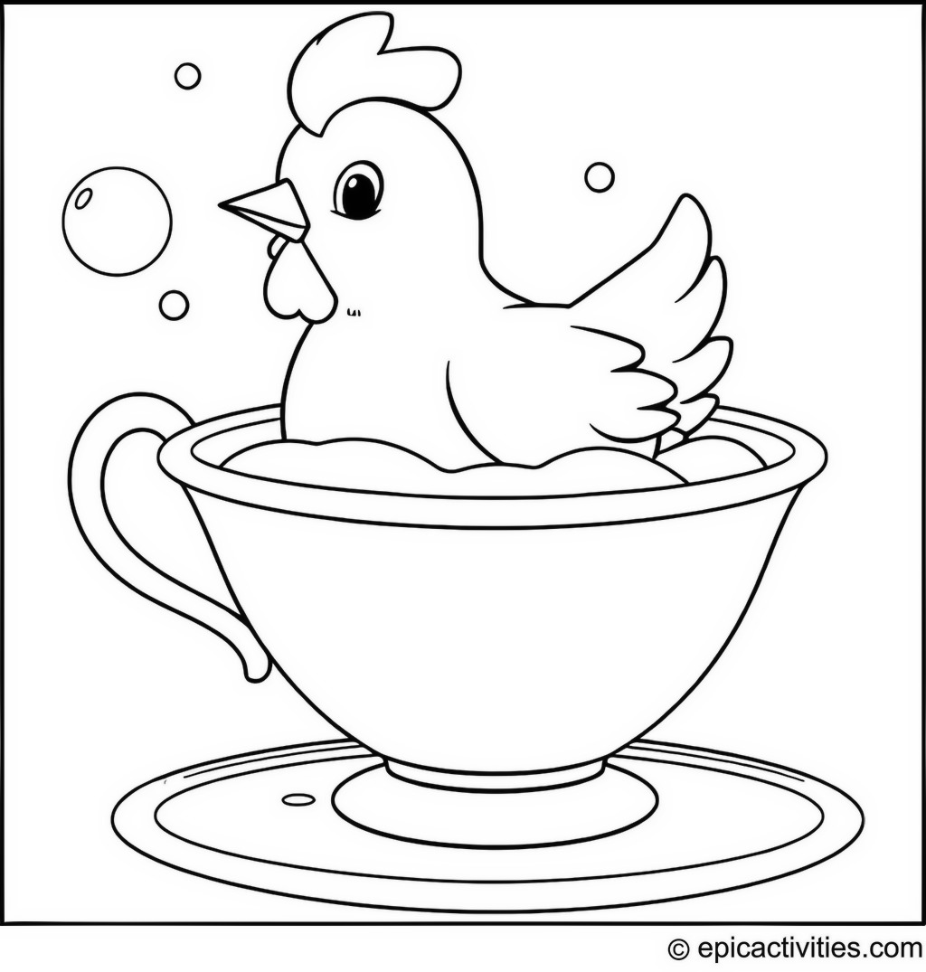 Coloring page of a cute chicken taking a bubble bath in a teacup
