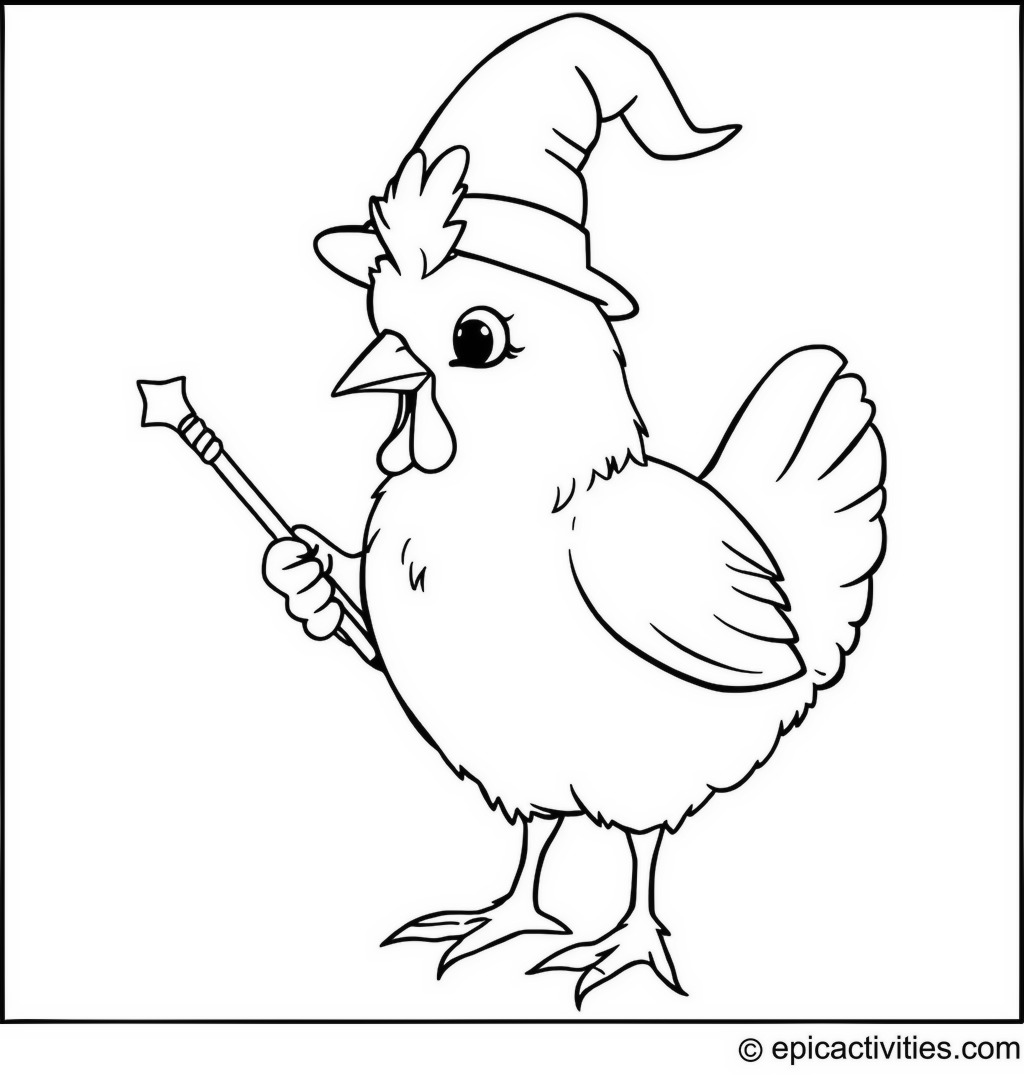 Coloring page of a Cute Chicken with a Wizard Hat and Wand