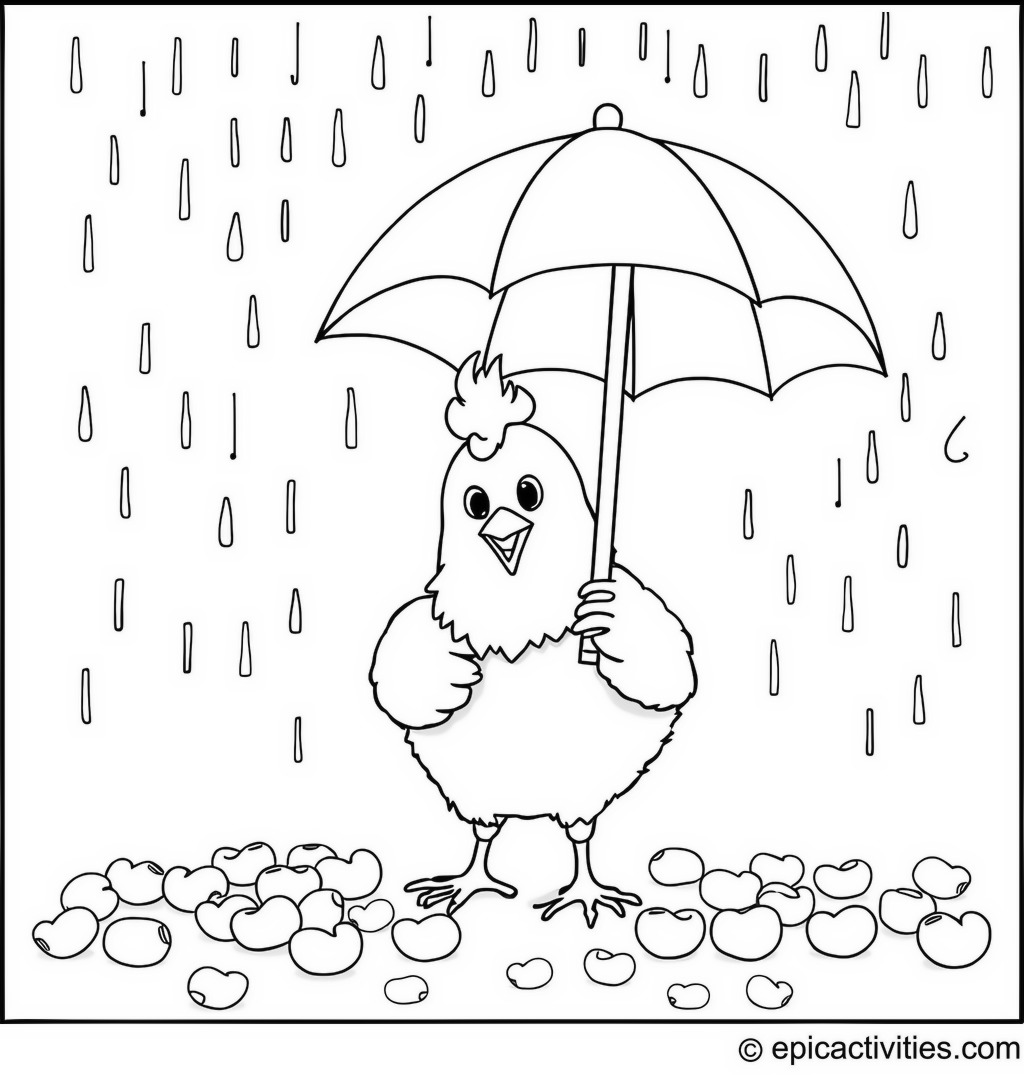 Coloring page of a Cute Chicken with an Umbrella in a Jellybean Rain Shower