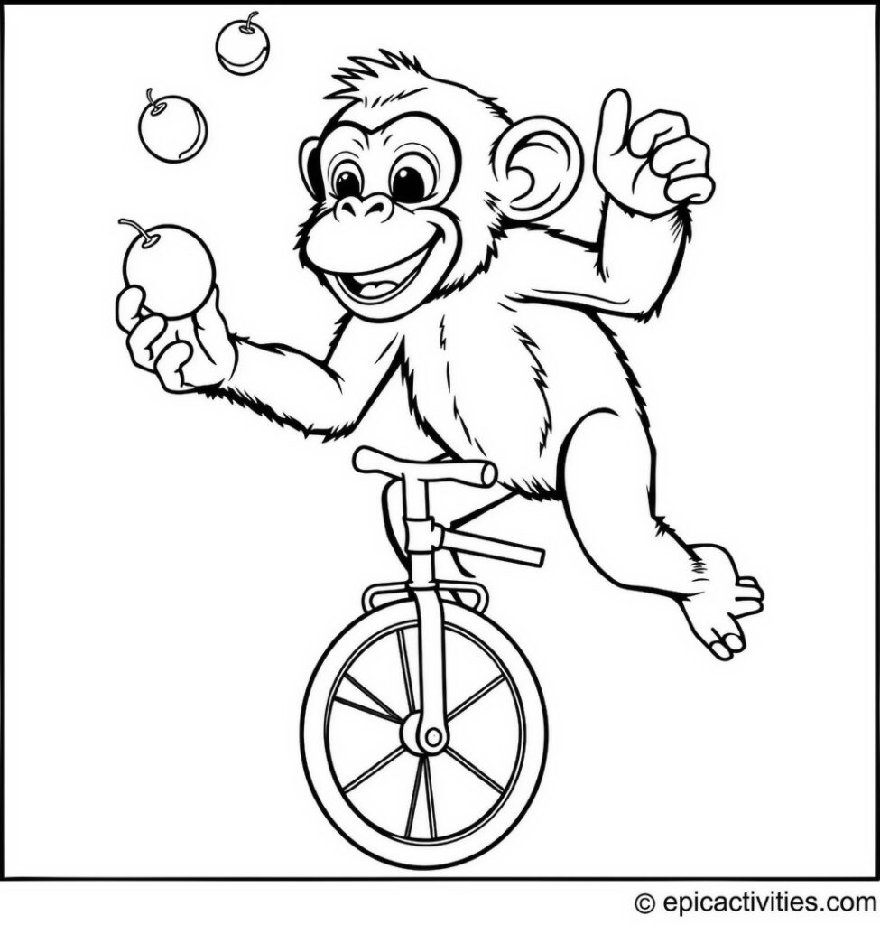 Coloring page of a Cute Chimpanzee Riding a Unicycle and Juggling Fruit