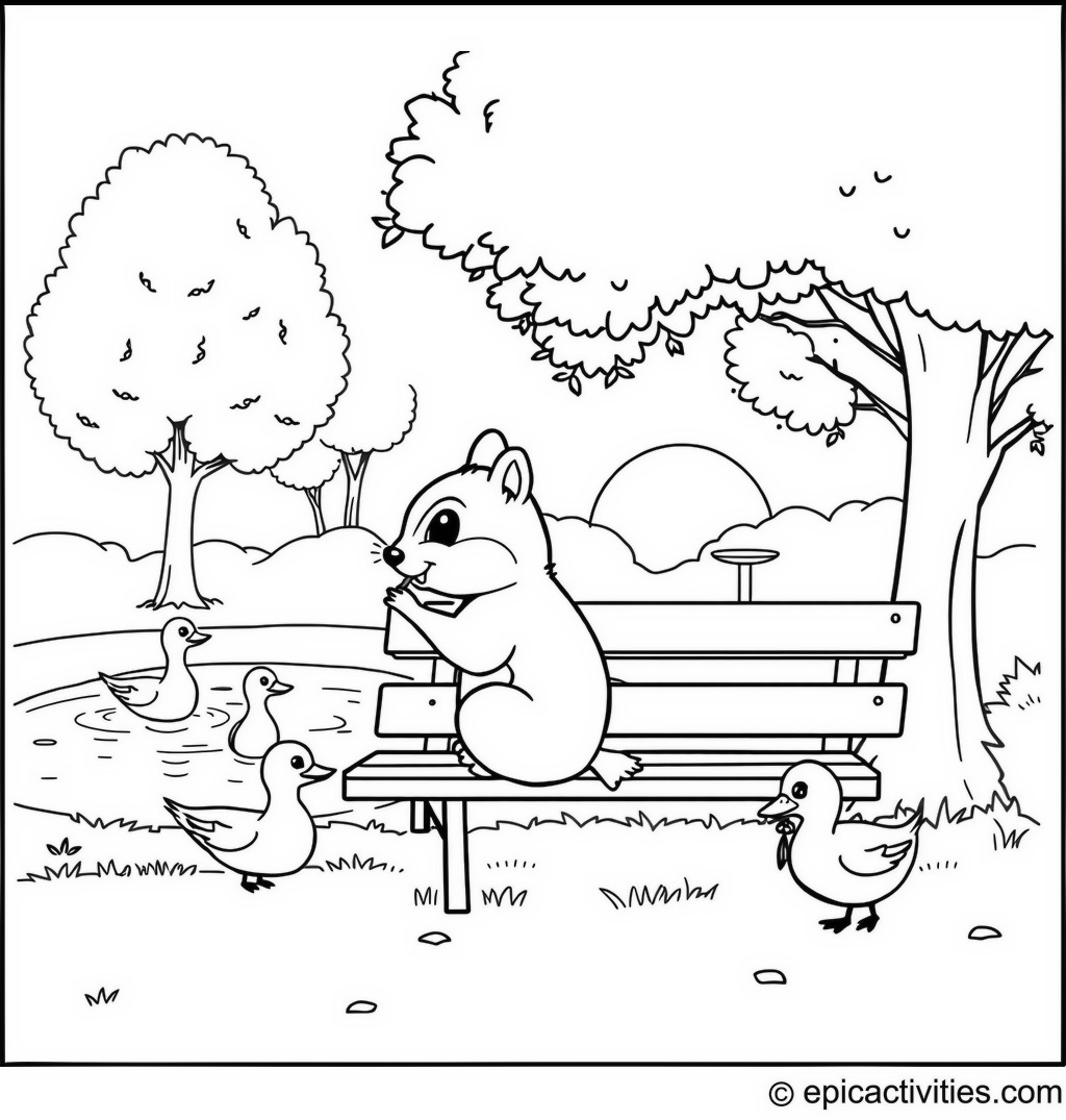 Coloring page of a Cute Chipmunk Feeding Ducks in the Park