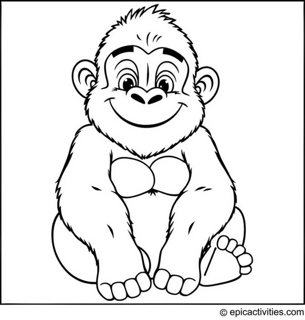Coloring page of a cute chubby gorilla with a playful grin