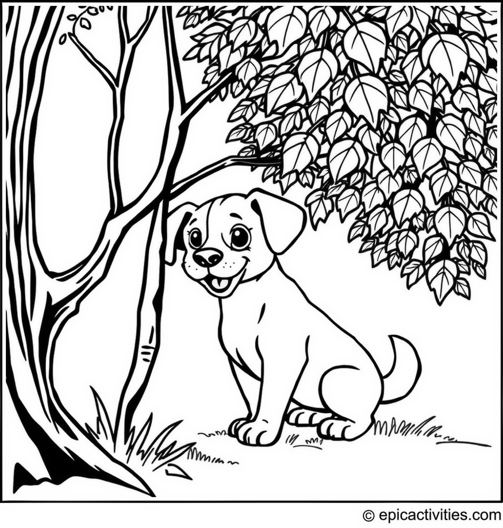 Coloring page of a cute dog playing hide and seek behind a tree