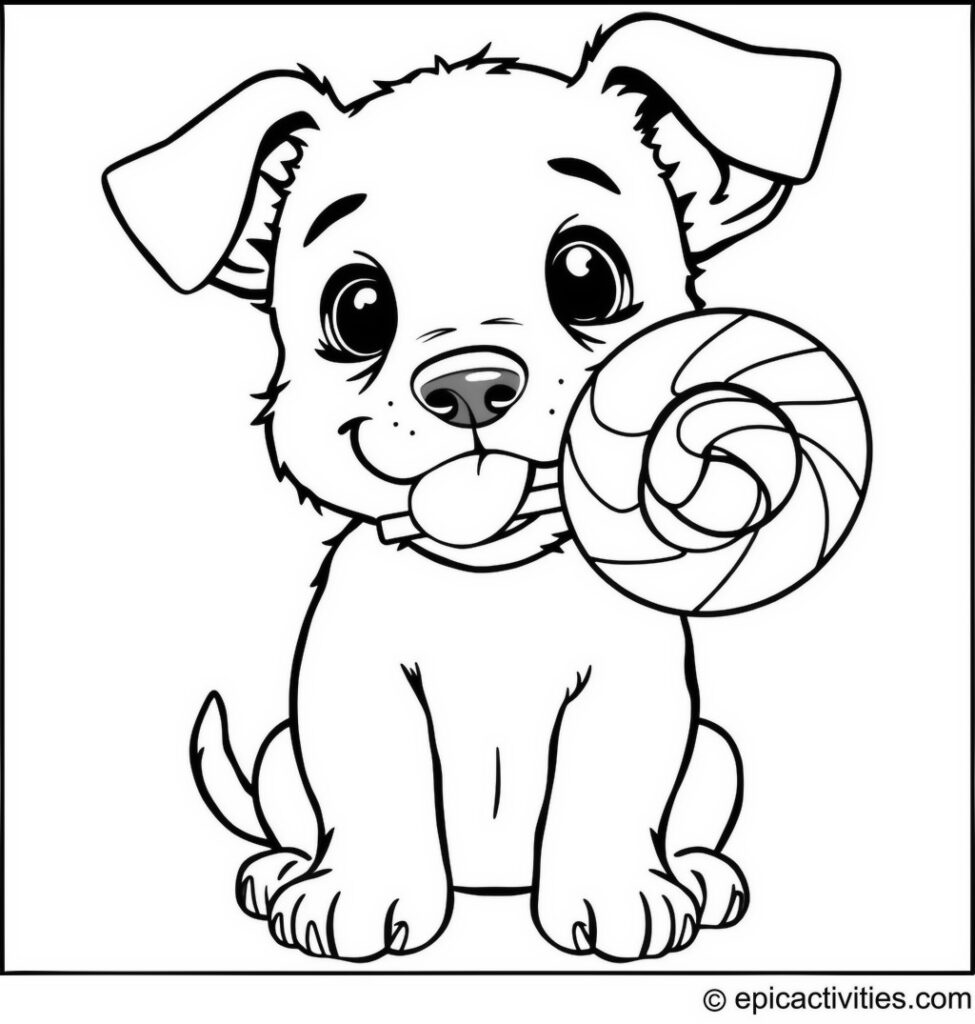 Coloring page of a cute dog with a giant lollipop