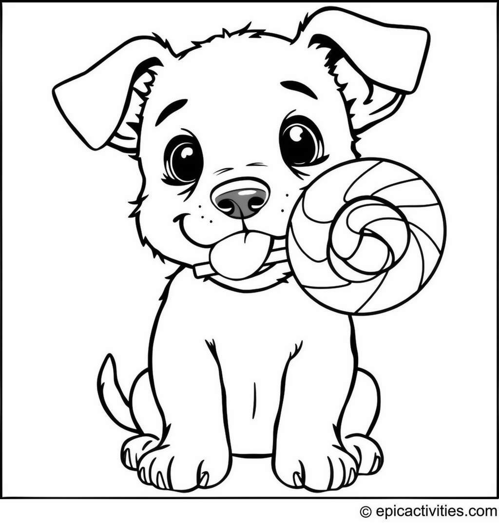 Coloring page of a cute dog with a giant lollipop