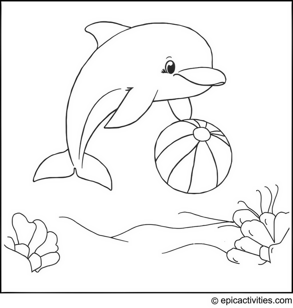 Coloring page of a cute dolphin playing with a beach ball in the ocean