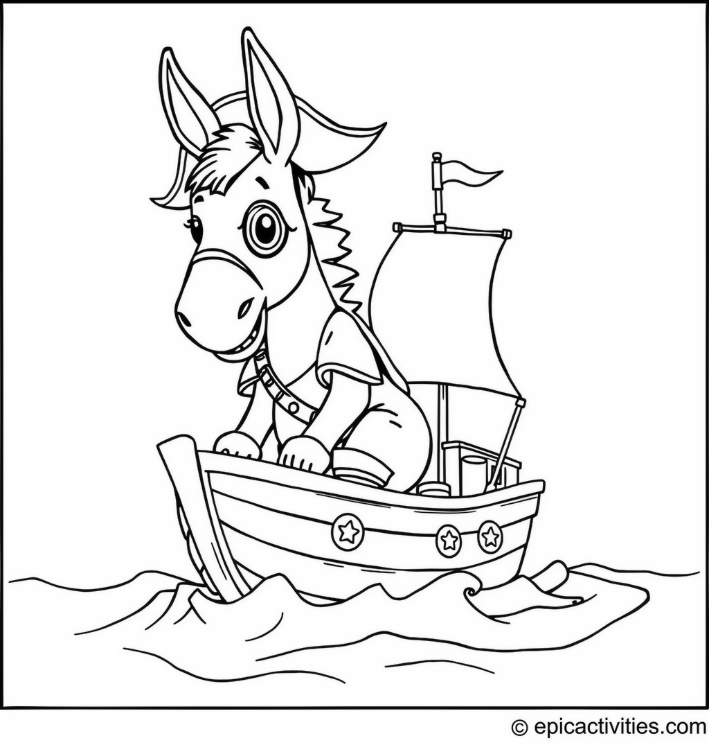 Coloring page of a cute donkey dressed as a pirate sailing a tiny ship on a whimsical sea