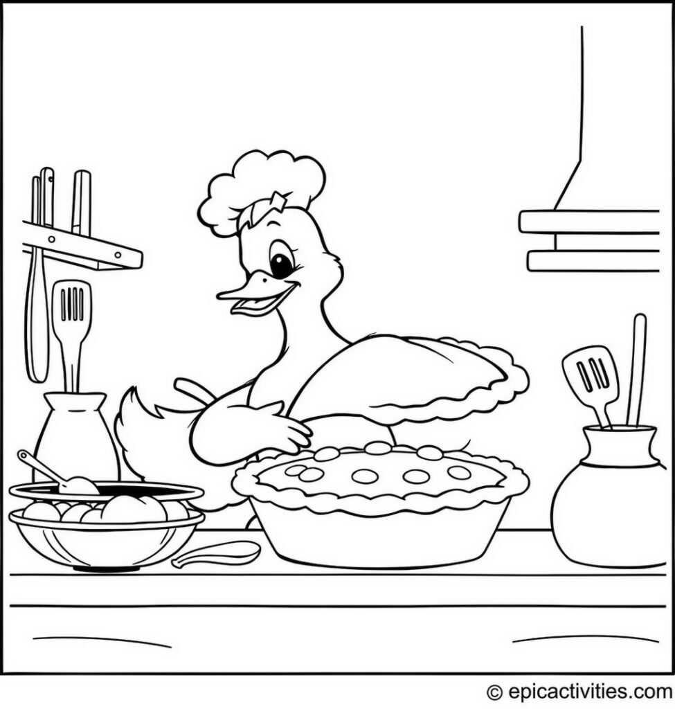 Coloring page of a Cute Duck Baking a Giant Pie