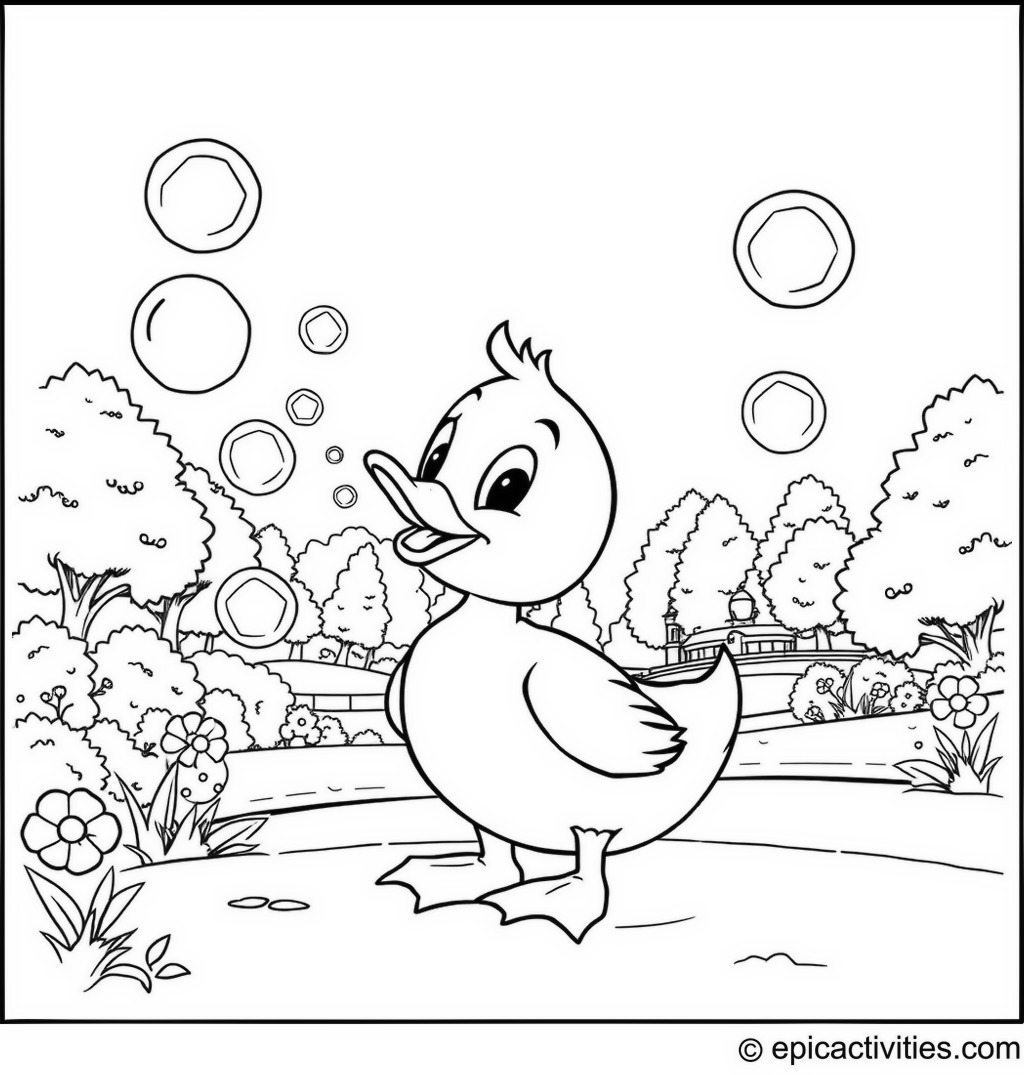 Coloring page of a Cute Duck Blowing Bubbles in the Park