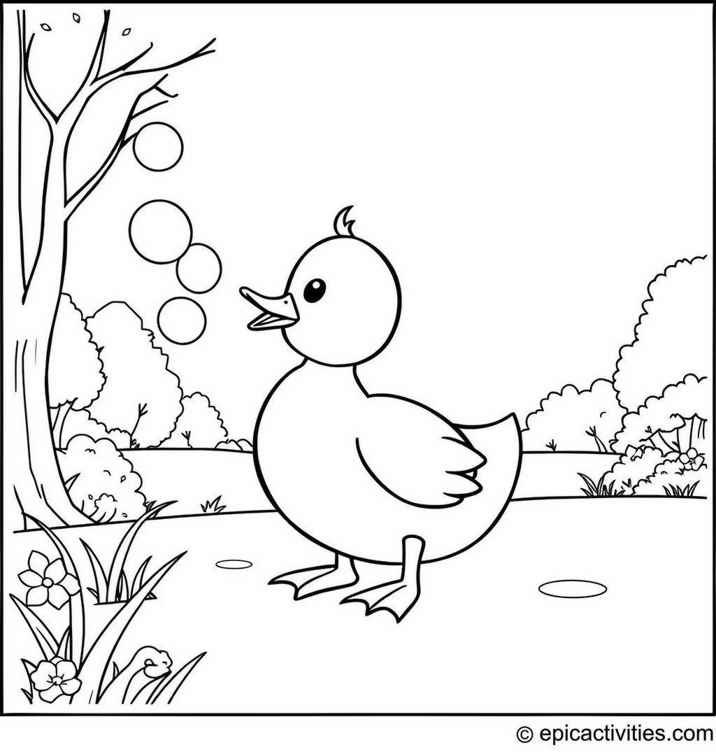 Coloring page of a Cute Duck Blowing Bubbles in the Park