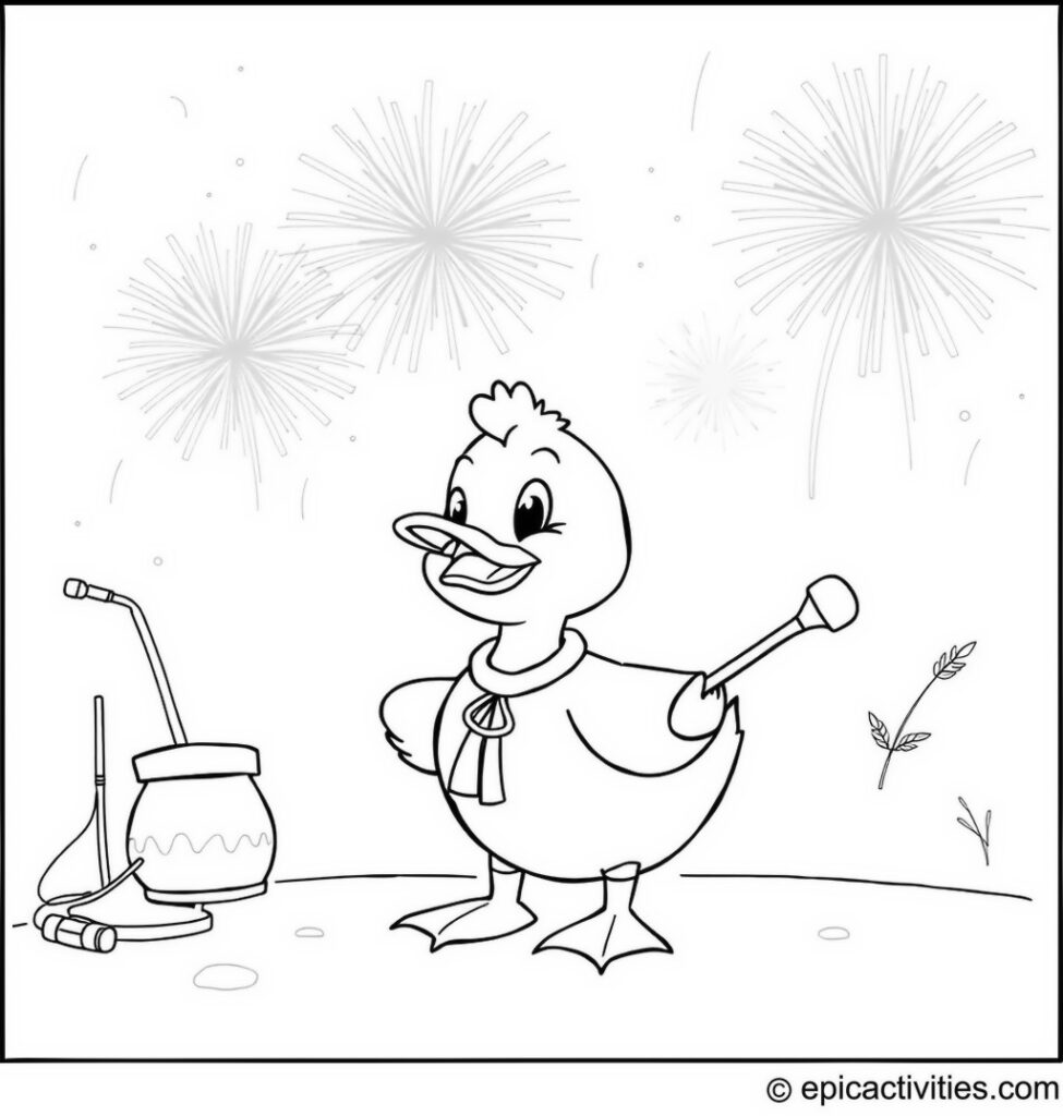 Coloring page of a Cute Duck Celebrating a Festival with Fireworks and Musical Instruments