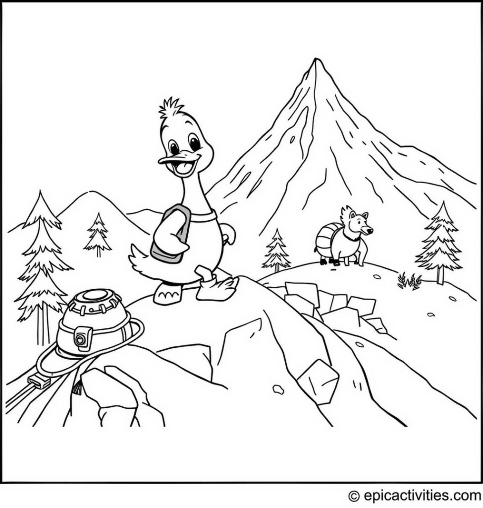 Coloring page of a Cute Duck Climbing a Snowy Mountain with Climbing Gear and Friends