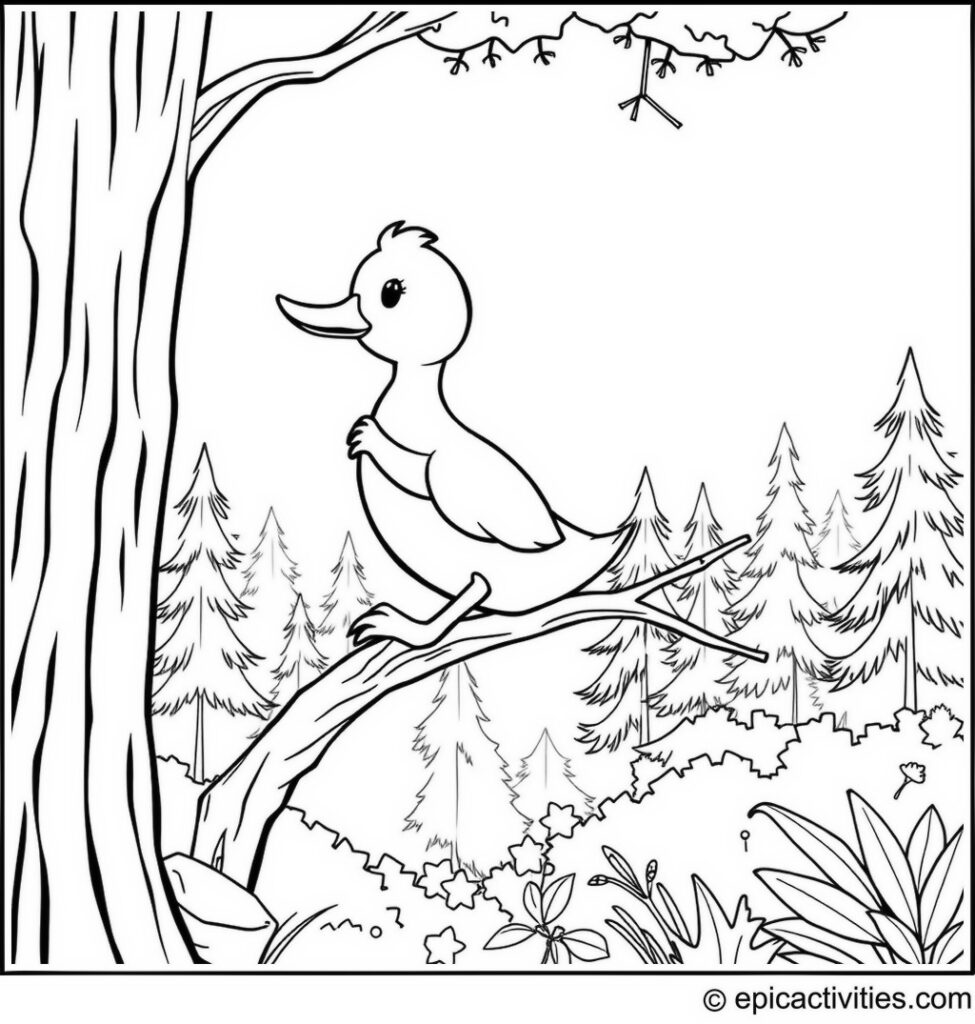 Coloring page of a Cute Duck Climbing a Tree in the Forest
