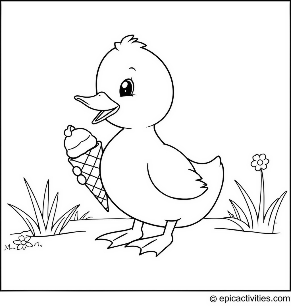 Coloring page of a Cute Duck Enjoying Ice Cream in Summer