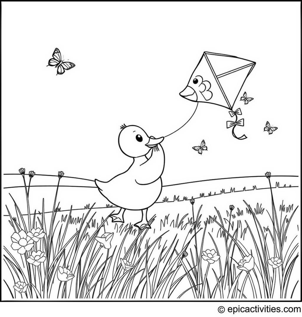 Coloring page of a cute duck flying a fish-shaped kite in an open field with butterflies