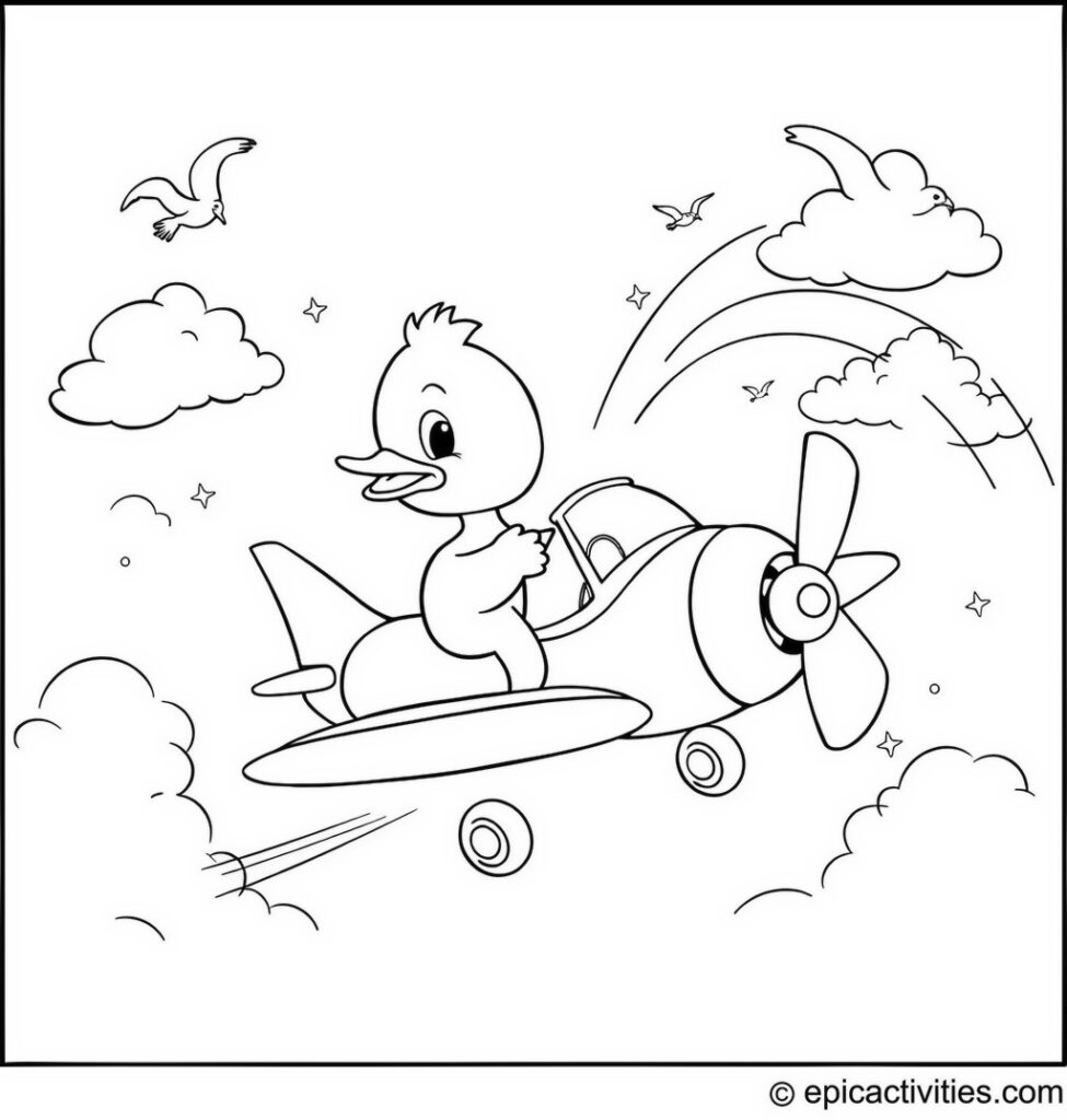 Coloring page of a Cute Duck Flying an Airplane