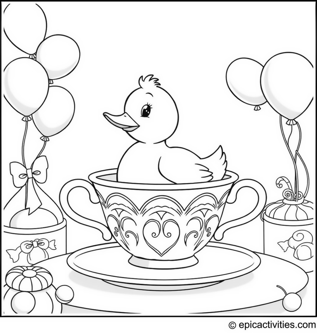 Coloring page of a Cute Duck in a Teacup at a Imaginary Carnival