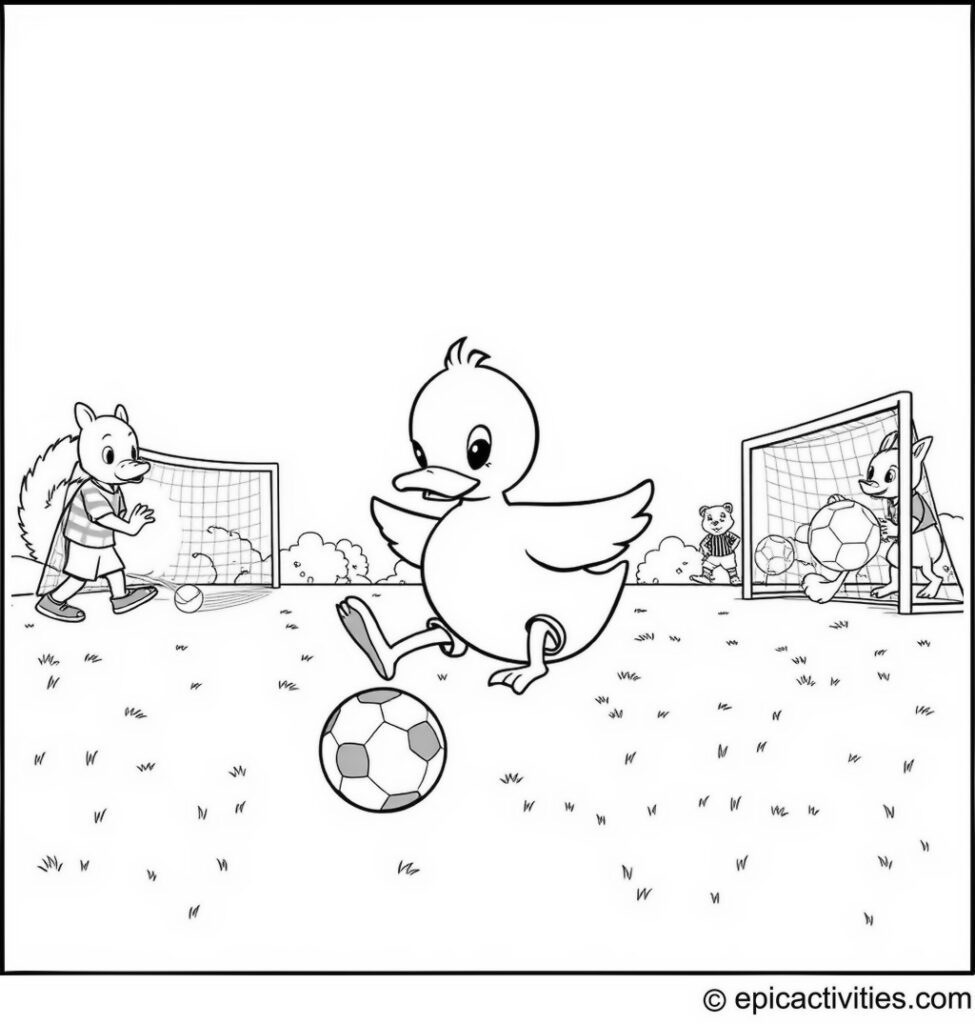 Coloring page of a Cute Duck Playing Soccer with Animal Friends
