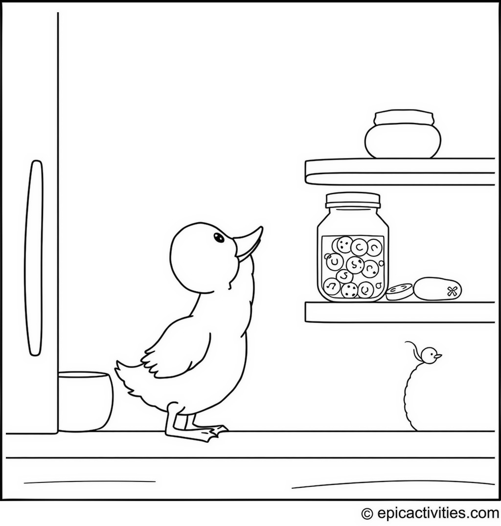 Coloring page of a Cute Duck Reaching for Cookies