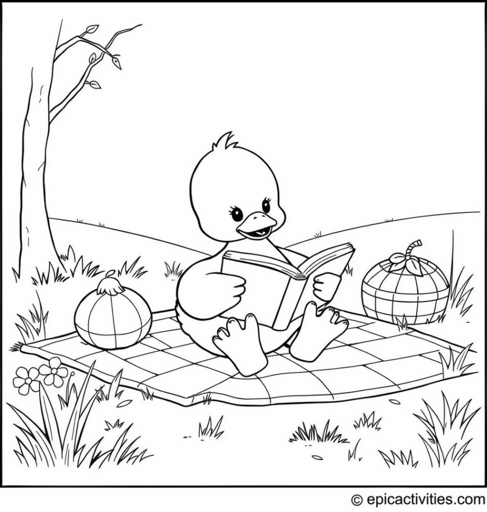 Coloring page of a Cute Duck Reading a Book on a Picnic Blanket