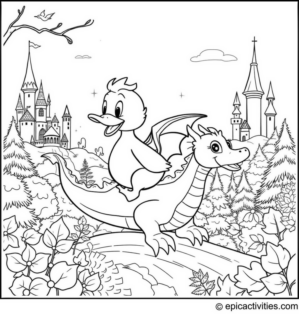 Coloring page of a cute duck riding a dragon in a fantasy land.