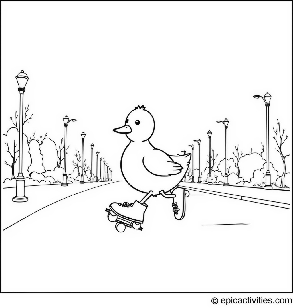 Coloring page of a Cute Duck Roller-Skating in an Urban Park